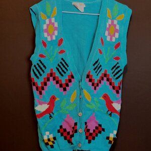 Vintage Sweater Vest Button Front Bright Colors Bird Beldoch Popper Sz M Cotton